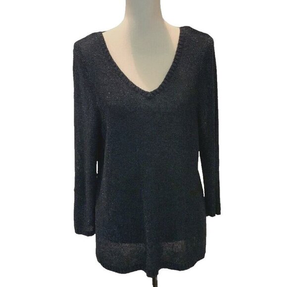 Davina Sweaters - Davina Womens Elegant Sparkle V Neck Back Sweater Size M Blue Long Sleeve